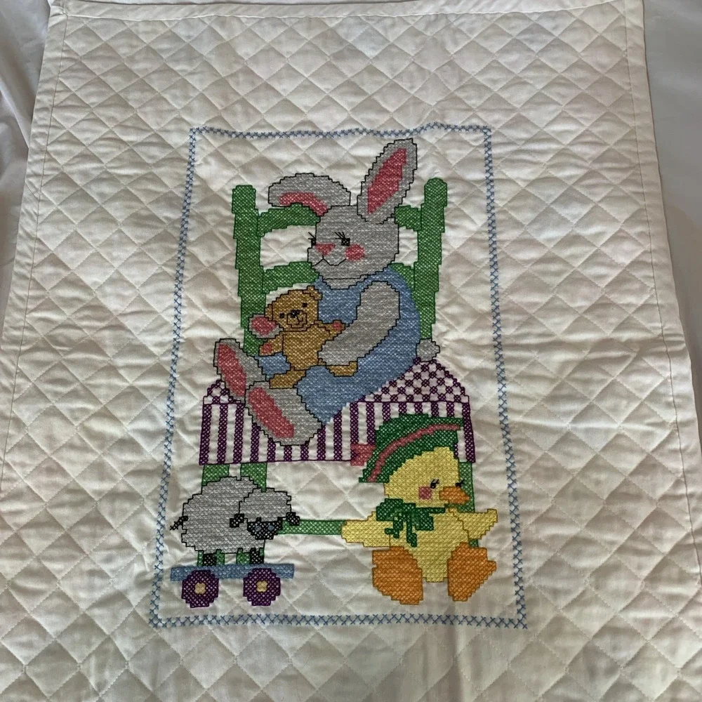 Handmade Cross Stitch Baby Crib Quilt Bunny, Bear, Chicken And Lamb